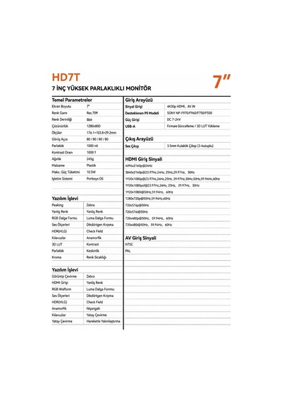 Hd7t 1000nit 7 Hdmı Girişli Dslr Kamera Monitör Ekranı Siyah