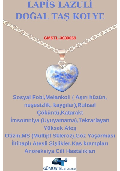 Sertifikalı Doğal Taş Lapis Lazuli Kalp Model Minimal Kolye Aaa Kalite Çok REnkli