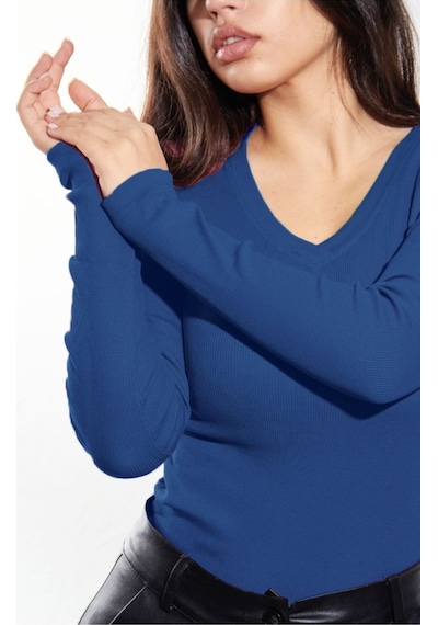 Alya Underwear Pamuklu Kaşkorse V Yaka Body Sweatshirt, Fitilli Kumaş Likralı Bluz, Asker Yeşili Badi Mavi İndigo