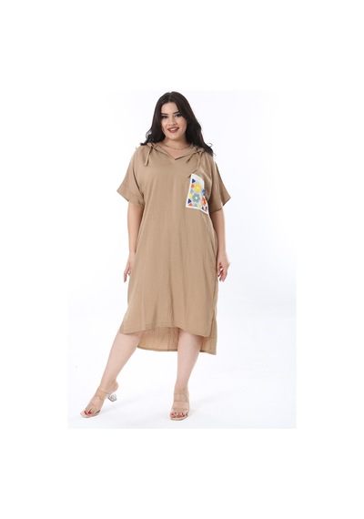 Şans Kadın Büyük Beden Camel Kapşonlu Örgü Cep Detaylı Düşük Kollu Elbise 65n36012-camel Camel