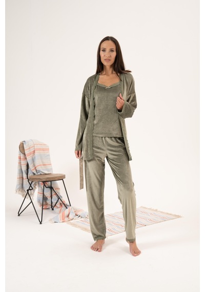 Estiva Kadın Kışlık 3 Parça Sabahlıklı Kadife Pijama Takımı 001