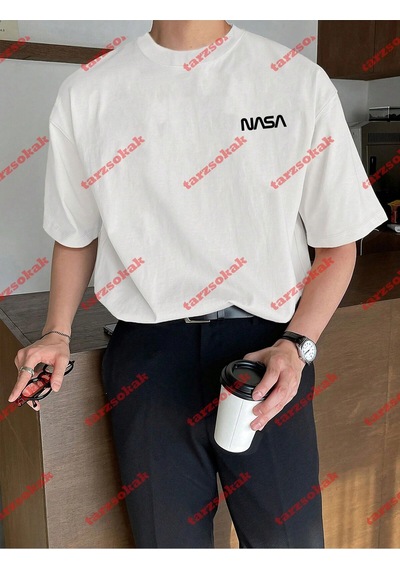 Tarzsokak Unisex Nasaa Baskılı Tshirt Beyaz Beyaz