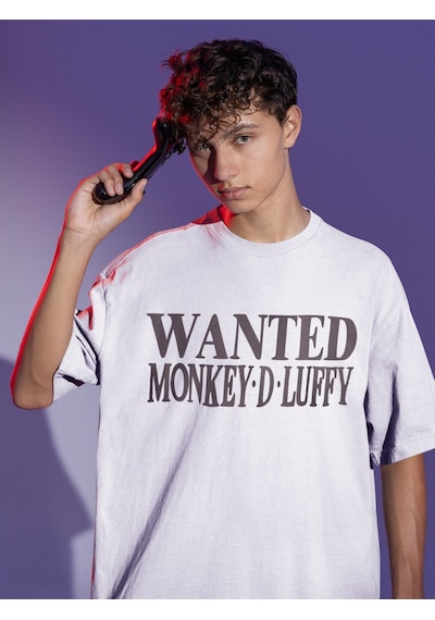 Wanted Monkey D. Luffy Sırt Baskılı Unisex Oversize One Piece Ani Beyaz