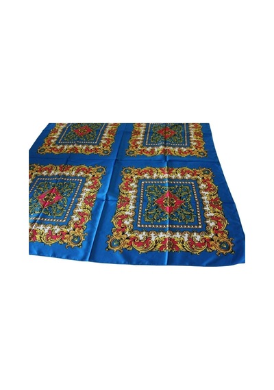 Tikitonki Kare Kesim Etnik Desenli Saten Mavi Eşarp - 90x90 Mavi Mavi