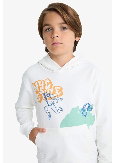 Defacto Erkek Çocuk 2li Takım Baskılı Kapüşonlu Sweatshirt Eşofman Altı F2595a825auwt32 Beyaz