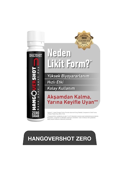 Hangovershot Zero Kafein, Taurin, Vitamin Ve Aminoasitler İçeren Gıda Takviyesi Şekersiz 2x4 Shot