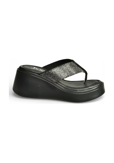 Fox Shoes Y973525309 Siyah Taş Detaylı Parmak Arası Kalın Tabanlı Kadın Terlik Siyah