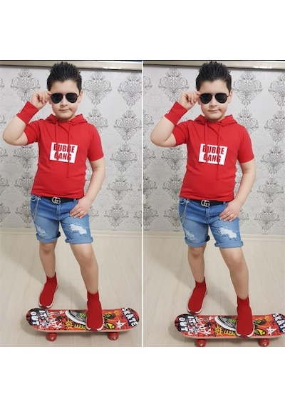 MODAVALS KAPİŞONLU SWEAT BİLEKLİK ZİNCİR AKSESUARLI 4 PARÇA ERKEK ÇOCUK KOT ŞORT KOMBİN - KIRMIZI MODAVALS KAPİŞONLU SWEAT BİLEKLİK ZİNCİR AKSESUARLI 4 PARÇA ERKEK ÇOCUK KOT ŞORT KOMBİN - KIRMIZI