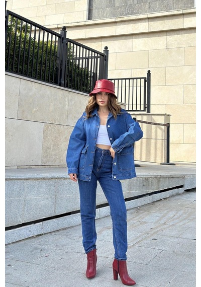 Kadın Mavi Geniş Cepli, Kaliteli Jeans Kumaş, Salaş Kot Ceket