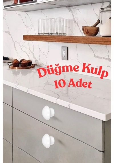 10 Adet Metal Yuvarlak Düğme Kulp - Çocuk Odası, Mutfak Ve Dolap İçin Modern Çekmece Kulbu Beyaz Beyaz