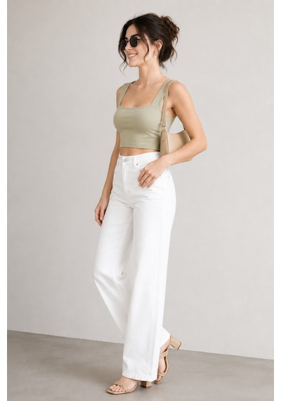 Woddi Heaven Kadın Yüksek Bel Beyaz Salaş Wide Leg Jeans Geniş Paça Palazzo Kot Pantolon