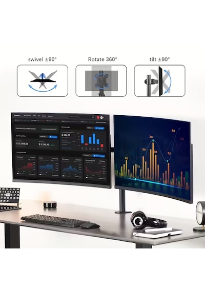 14-32 İnç Düz Kavisli Ekranlar İçin Çift Kol Monitör Standı Ayarlanabilir Yükseklik Eğim Lcd Led Tv