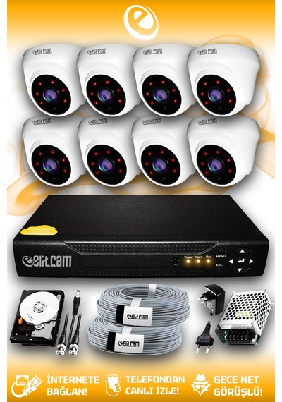 Elitcam 8 Kameralı Dome 8 İç Kamera Set 2 TB HDD Full HD Gece Görüşlü Güvenlik Kamerası Sistemi