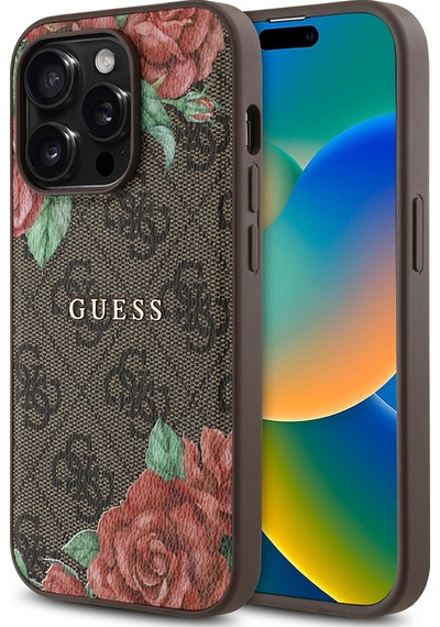 Apple Uyumlu iPhone 14 Pro Kılıf Guess Lisanslı Magsafe Şarj Özellikli Gül Baskılı Yazı Logolu Kapak Kahverengi