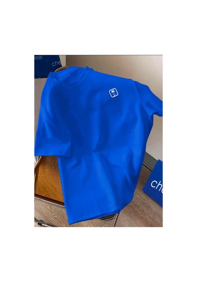 Medinenur Göğüs Baskılı Basic T-shirt Mavi