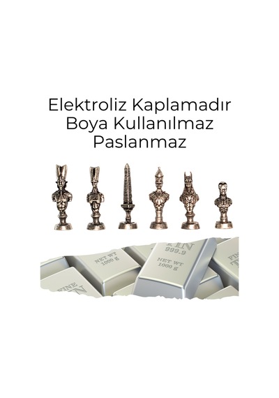 Mc57 Antik Mısır Figürlü Metal Satranç Takımı - Mermer Desenli 25cm Tahta El Yapımı Taşlar