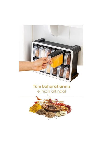 Vienev 12li 250 Ml Standlı Kendinden Yapışkanlı Kaşıklı Baharatlık Seti Antrasit