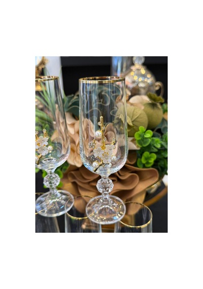 6 Adet Bohemia Kristal Gold Yaldızlı İnci Broşlu Kahve Yanı Su Bardağı Kadeh Altın