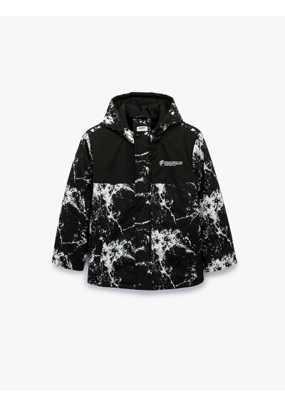 Koton Polar Astarlı Uzun Kollu Baskılı Oversize Kapüşonlu Mont Siyah 7wkb00018tw