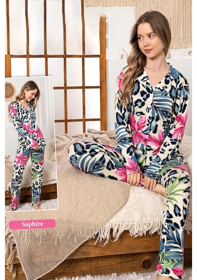 Remsa Kadın Tropik Desen Düğmeli Saphire Pijama Takımı 0341 Krem Krem