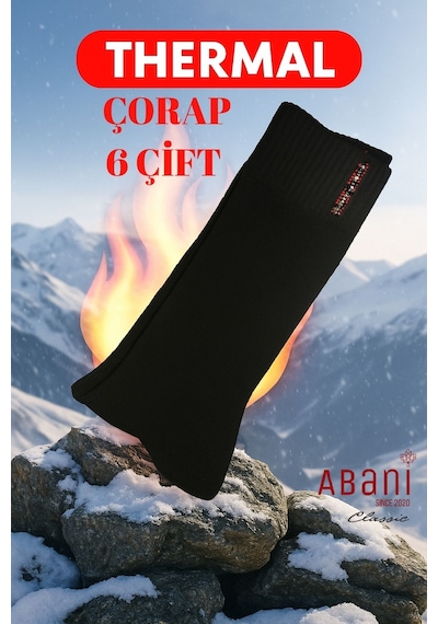 Abani Classic 6 Çift Siyah Termal Erkek - Unisex Kışlık Havlu Soket (Uzun) Çorap - Ekstra Sıcaklık