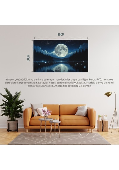 Doğa Ve Manzara Yatay Sakin Bir Gölün Üzerinde Parlayan Dolunay Suda Yansıyan Yıldızlar 01 Çerçevesiz 90x60cm Pvc Tablo