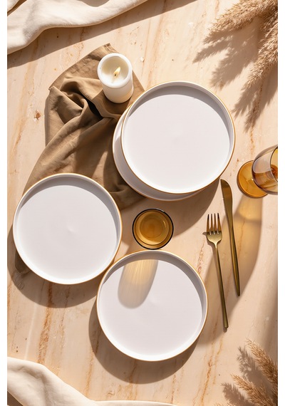 Keramika Mat Beyaz Gold Fileli Stackable Pasta Tabağı 21 Cm 4 Adet