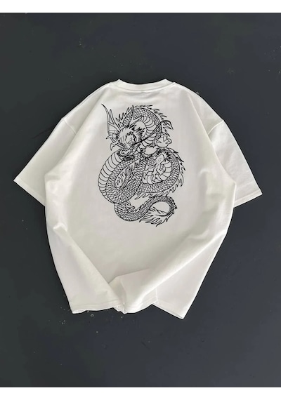 Erkek Baskılı Oversize Bisiklet Yaka Kısa Kol T-shirt - Beyaz Beyaz