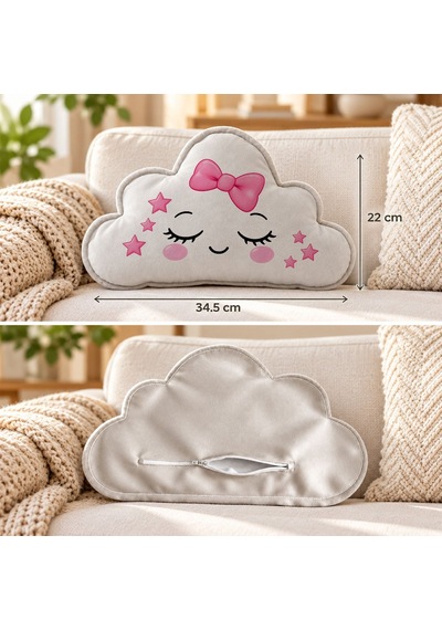 Bk Gift Sevimli Yüz Tasarımlı Gri Bulut Yastık-5 - Bebek Ve Çocuk Odası Dekoratif Yastık 34,5x22 Cm