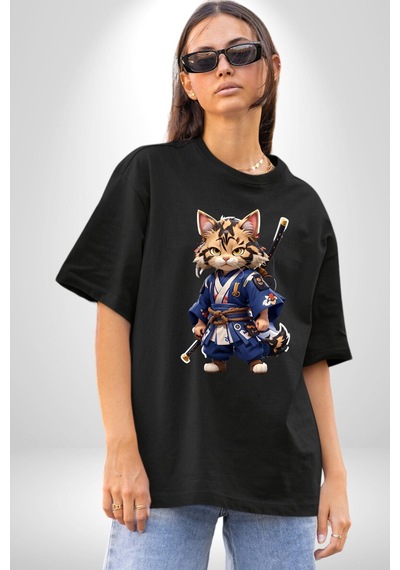 Asyalı Kedi Samuray Savaşcı Pamuklu Bisiklet Yaka Unisex Oversize Boyfriend Dijital Baskılı Siyah T-shirt Siyah
