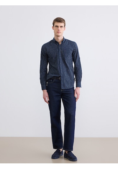 Lcwaıkıkı Classic Lacivert Regular Fit Çizgili Erkek Keten Karışımlı Gömlek