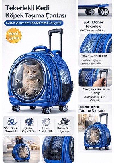 Jumbo Fileli Tekerlekli Kedi Köpek Taşıma Çantası 45 X 50 X 27 Cm Mavi 15 Kg