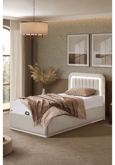 Demonte Baza Seti, Valens Ledli Tek Kişilik Baza Başlık Seti - İkili Set, Bej - 100x200 Cm 100 x 200