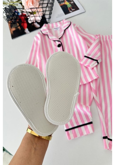 Minigimin Cicileri Çizgi Desenli Terlikli Kız Çocuk Pijama Takımı - Açık Pembe
