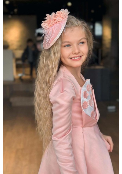 Riccotarz Kız Çocuk Kare Yaka Göğsü Pano Çiçek Asimetrik Kesim Pembe Elbise Pembe