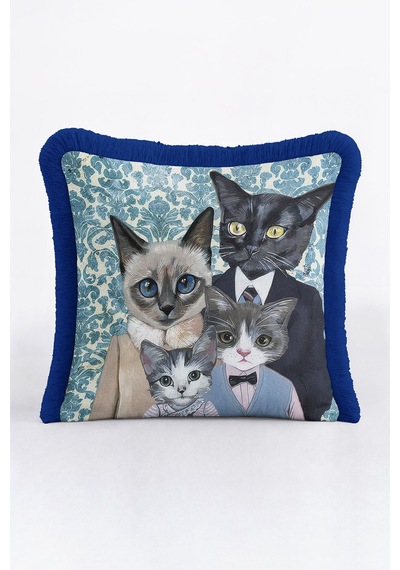 Zarif Vintage Kedi Ailesi Saçaklı Yastık Kılıfı - Sanatsal Bohem Mavi Püsküllü Kırlent Kılıfı Açık Kumlu Nane