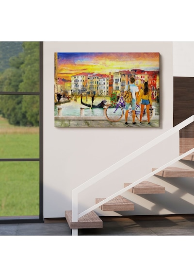 Es10 Venedik Kanalına Bakan Romantik Çift Yağlıboya Görünüm Kanvas Tablosu-3625 (70 x 100)