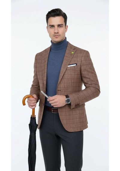 Plus Scorpion Ekoseli Slim Fit Erkek Blazer Ceket Şık Modern Tasarım, Tek Düğmeli Kiremit