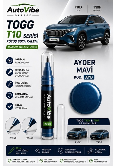 Togg Ayder Mavisi T10x & T10f Rötuş Boyası Kalemi 2'si 1 Arada Tam Uyumlu