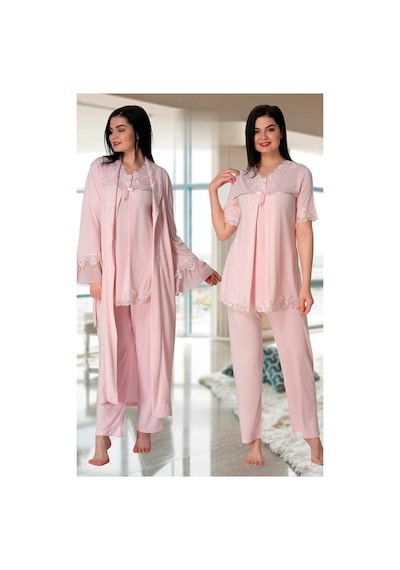 Effortt Kadın Pudra Uzun Sabahlıklı Lohusa Pijama Takımı 5034p Pudra Pembe