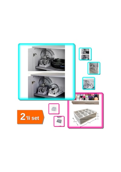 6 Bölmeli Tencere Kapak Rafı Organizeri + Pratik Çekmece Düzenleyici Organizer - 2li Set M0a3b5 Belirtilmemiş