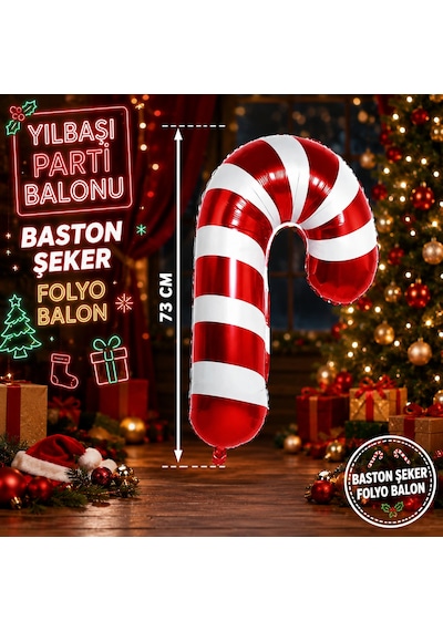 Vıp Kalite 73 Cm Kırmızı Beyaz Baston Şeker Folyo Balon Kırmızı Beyaz Baston Şeker Yılbaşı Balonu