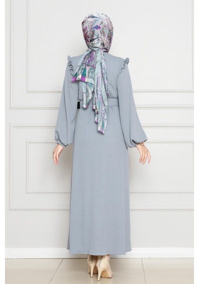 Sevitli Omuzu Fırfır Kemerli Elbise-gri-4562 Gri