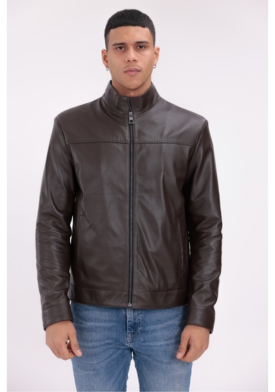 M M Marki Marki Hakiki Deri Erkek Ceket Kahverengi Dik Yaka Fermuarlı Punto Dikişli 68 Cm Regular Fit - 504922