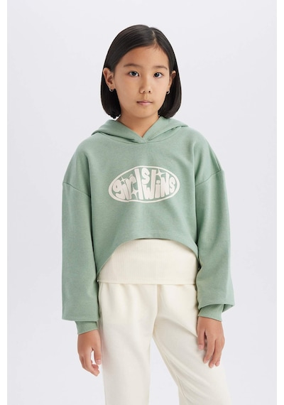 DeFacto Kız Çocuk 2'li Takım Crop Kapüşonlu Baskılı Sweatshirt Atlet D8819A825SPGN1125 Yeşil