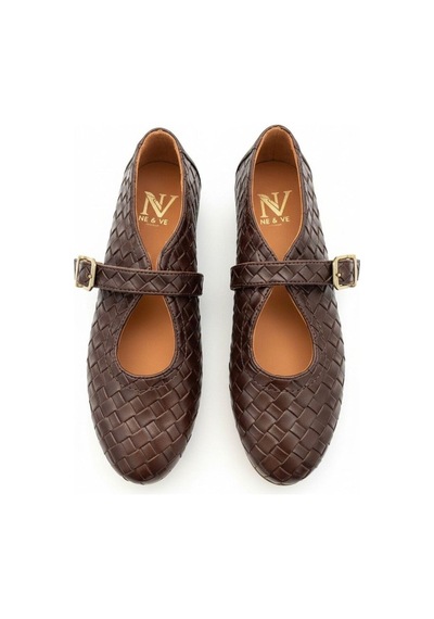 Ne&ve Shoes Kahve Hakiki Deri Örgü Detaylı Tokalı Kaddın Yuvarlak Burun Babet Kahverengi