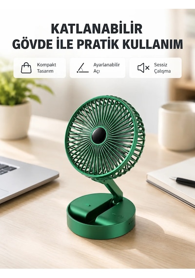 Şarjlı Katlanabilir Mini Fan 3 Kademe Hız Ayarı, Taşınabilir Tasarım Yeşil