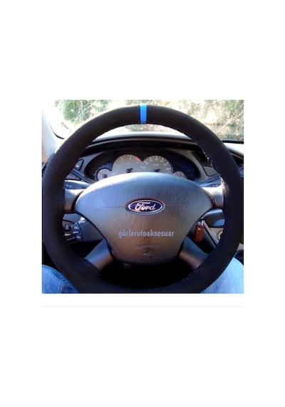 Ford Focus 1 Dikmeli Direksiyon Kılıfı Mavi Yüzüklü Alkantara