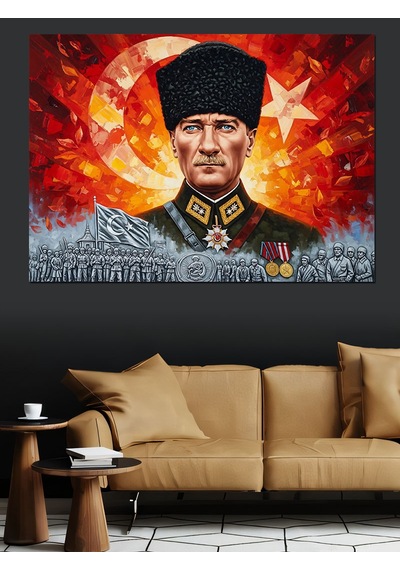 Türk Bayrağı Ve Kalpak Başlıklı Mareşal Mustafa Kemal Atatürk Dekoratif Kanvas - Mdf Ahşap Tablo