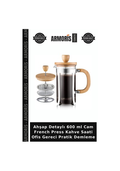 Ahşap Detaylı 600 Ml Cam French Press Kahve Saati Ofis Gereci Pratik Demleme Ahşap - Şeffaf